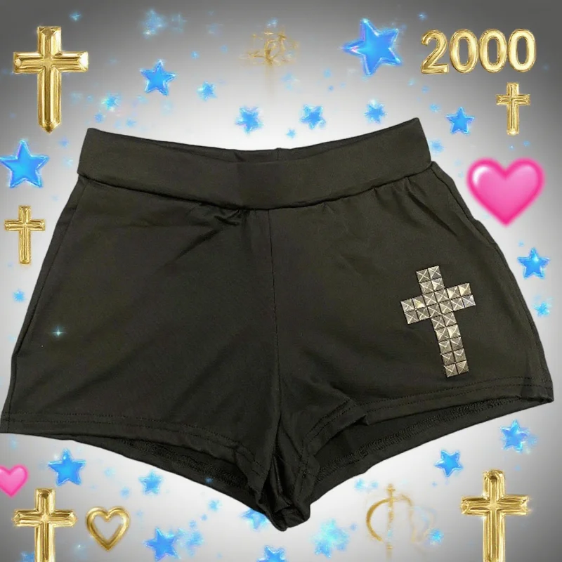 

Лето 2025 г., уличные шорты с инкрустацией бриллиантами и крестом, уникальный узор, чисто черные повседневные минимально короткие шорты, шорты со средней талией