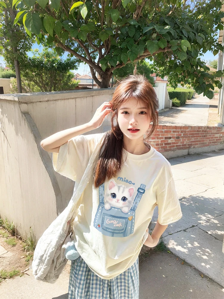 

Свободная хлопковая футболка с милым принтом ort Sve, женская летняя модная повседневная футболка, удобный дышащий топ из чистого хлопка