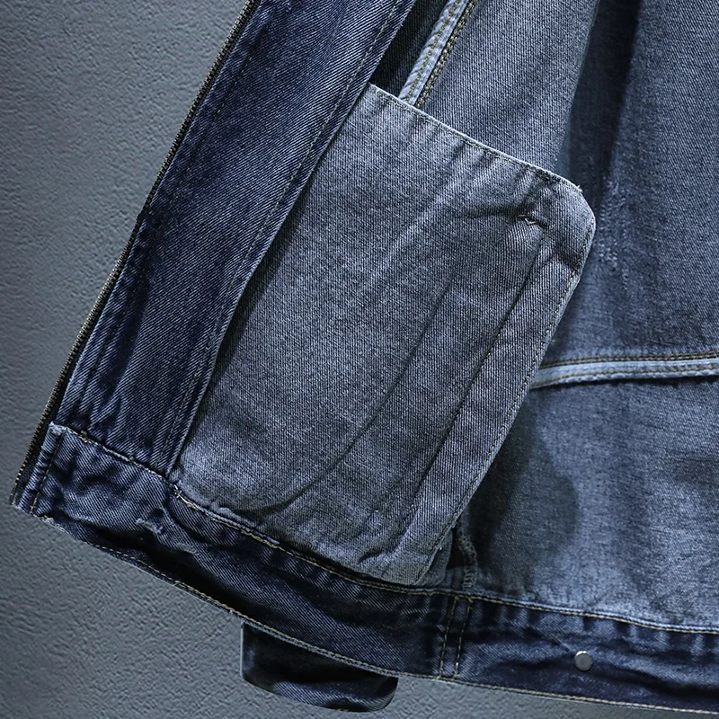 Motorcycle Denim Coat Men's Autumn Trendy Slim Stand Collar Zipper Pocket Design Casual Retro Washed Handsome Casual Clothes