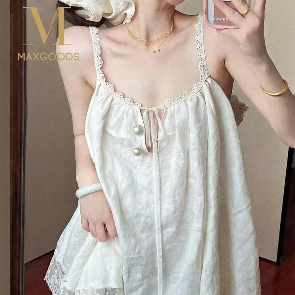 French Style Lace Trim Lace Camisole Dress Loose Fit Suspenders Nightdress Bow Detail Nightgown Nightwear