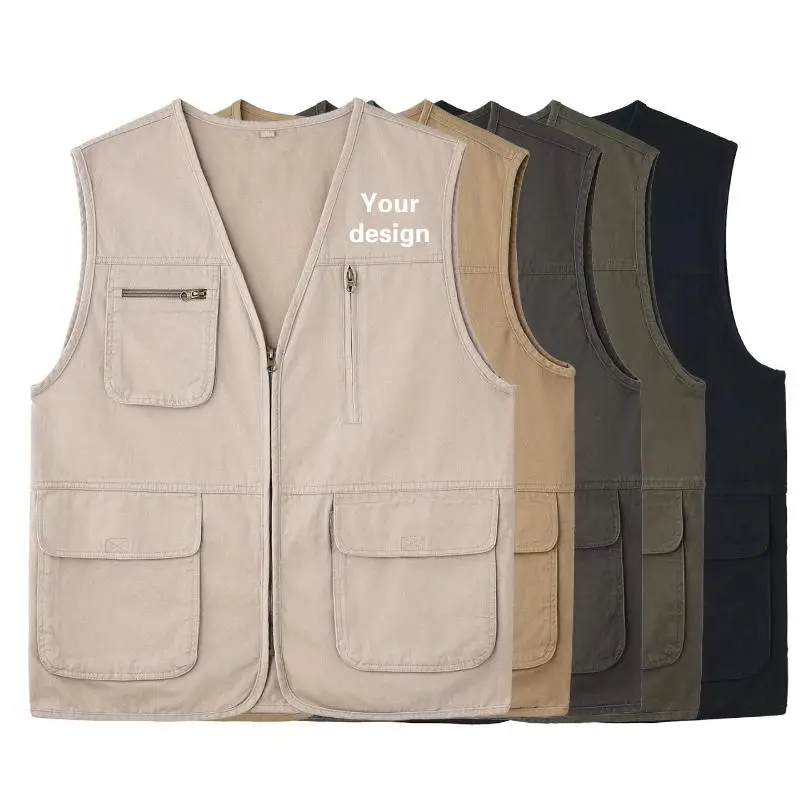 Men's Washed Pure Cotton Multi Pocket Functional Vest Custom Workwear Retro Outdoor Fishing Photography Vest Printed Logo