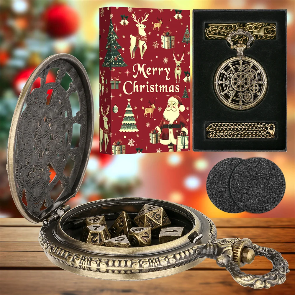 Gearwheel Pattern Pocket Watch Case Shaped Mini Jewelry Storage Box with 7pcs/set Mini Entertainment Game Dices Christmas Gift