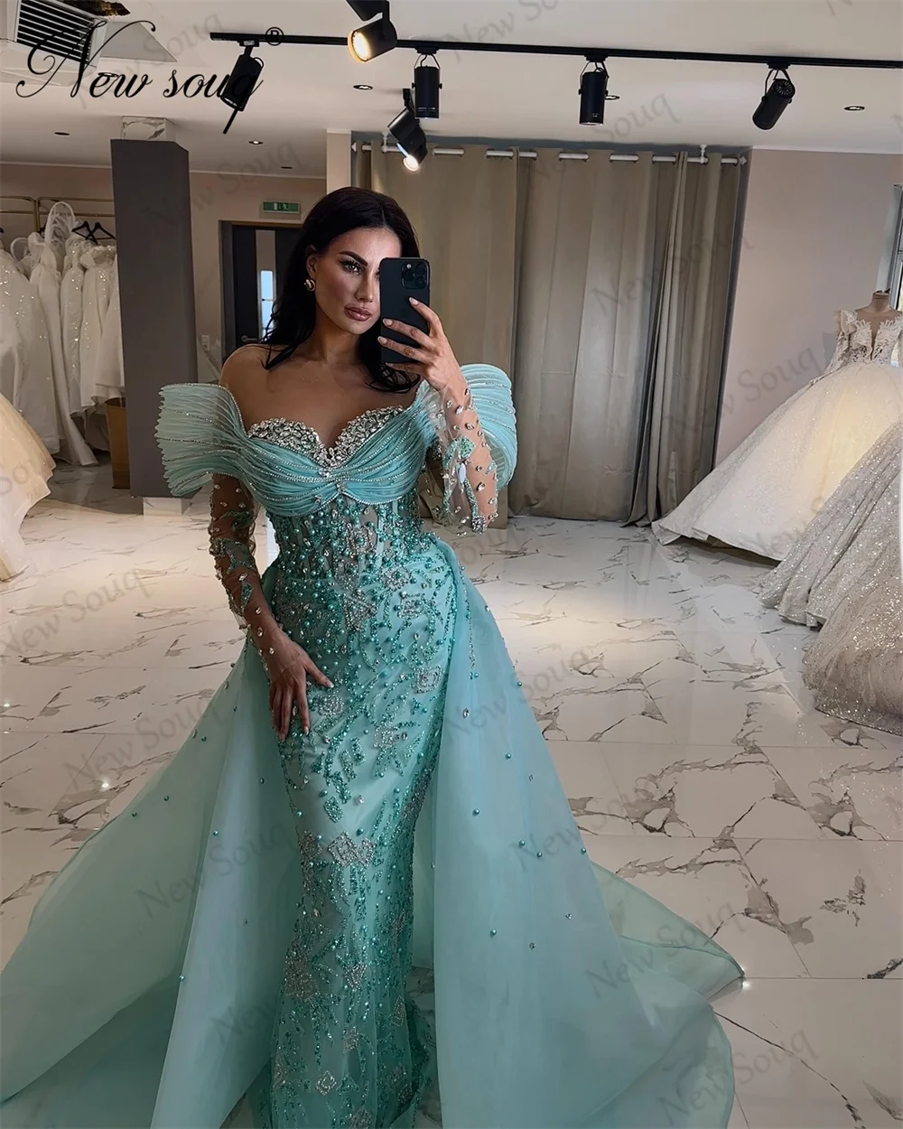 Uniques Blue Off Shoulder Evening Dresses Robes De Soiree 2024 Newest Dubai Mermaid Beaded Wedding Party Dress Engagement Gowns