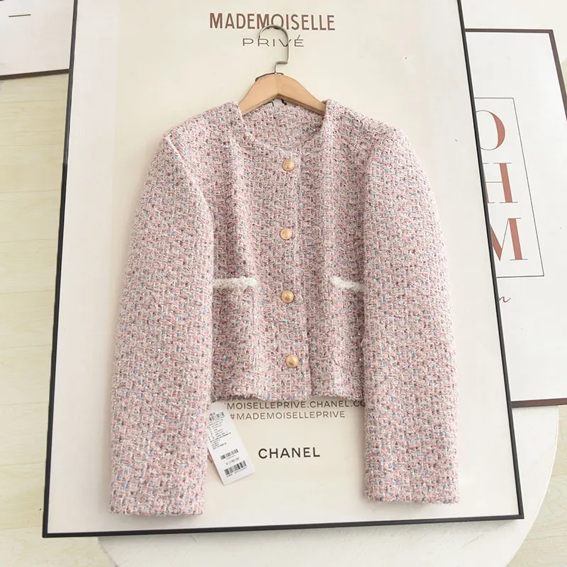 

Women's ort Woolen Coat Pink Heavy Tweed Autumn New Sle Faion Luxury round Ne Lady's Jaet Straight Cut Fit for Ladies