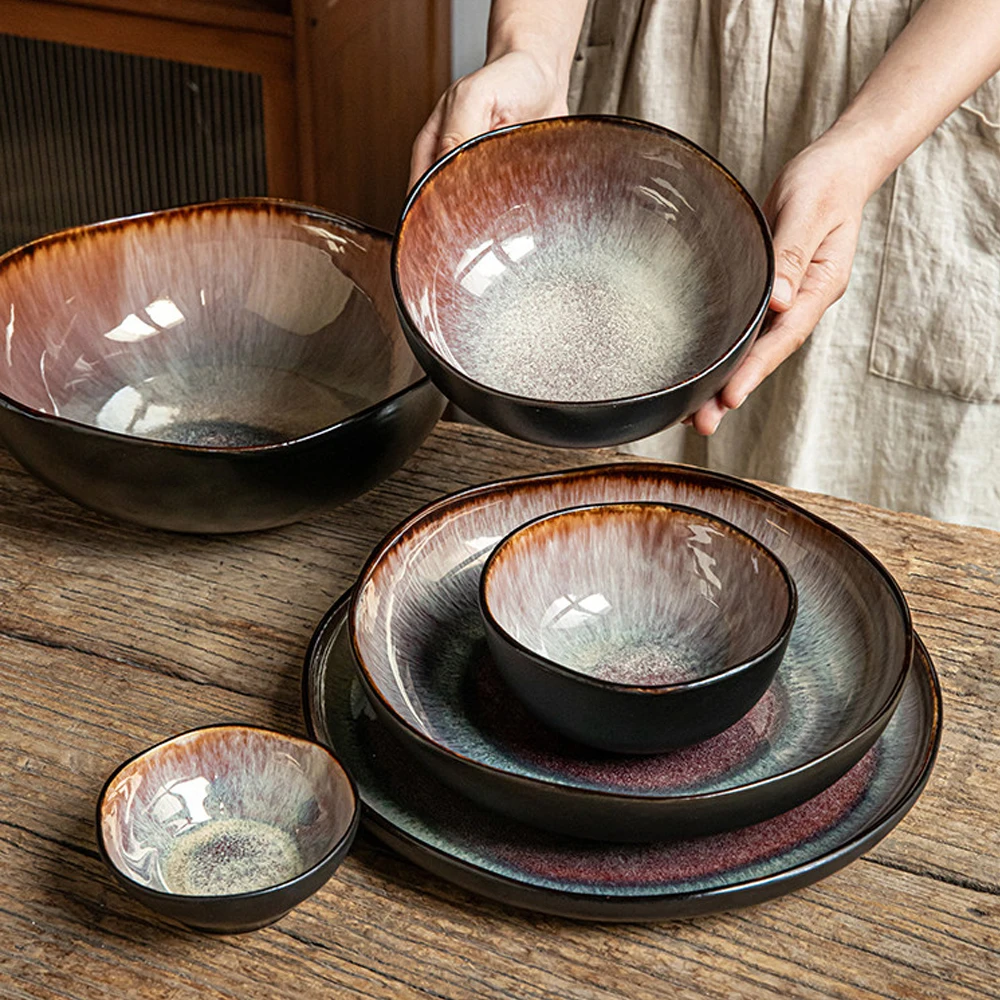 Japanese Glaze Ceramic Tableware Set Irregular Wavy Edge Plates Bowls Vintage Rustic Stoneware Dinnerware for Home Restaurant