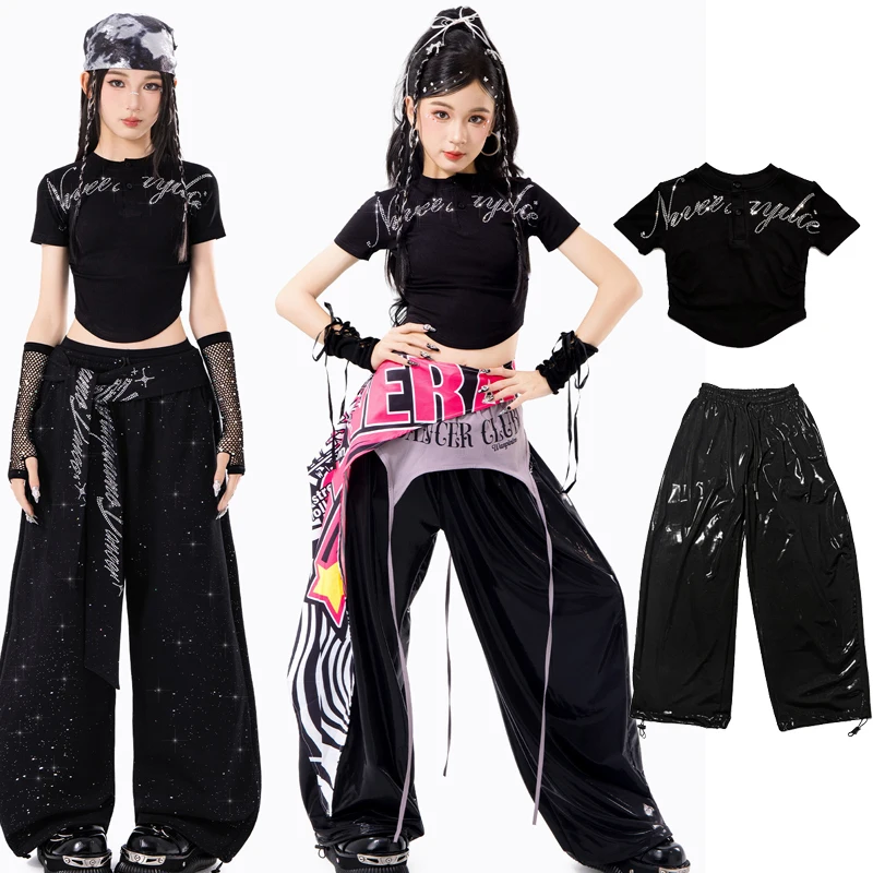 

2026 Fashion Black Crop Tops Loose Pants Jazz Street Dance Clothing For Girls Children Ballroom Hip Hop Dance Costumes XH4946