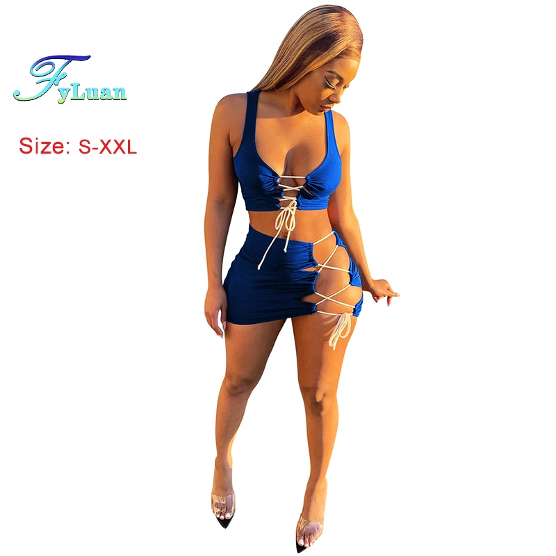 

Sexy Mini Skirt Sets Women Lace Up Tank Tops Irregular Bodycon Skirt Two-Piece Sets Nightclub Skirt Set Cocktail Prom Clothing