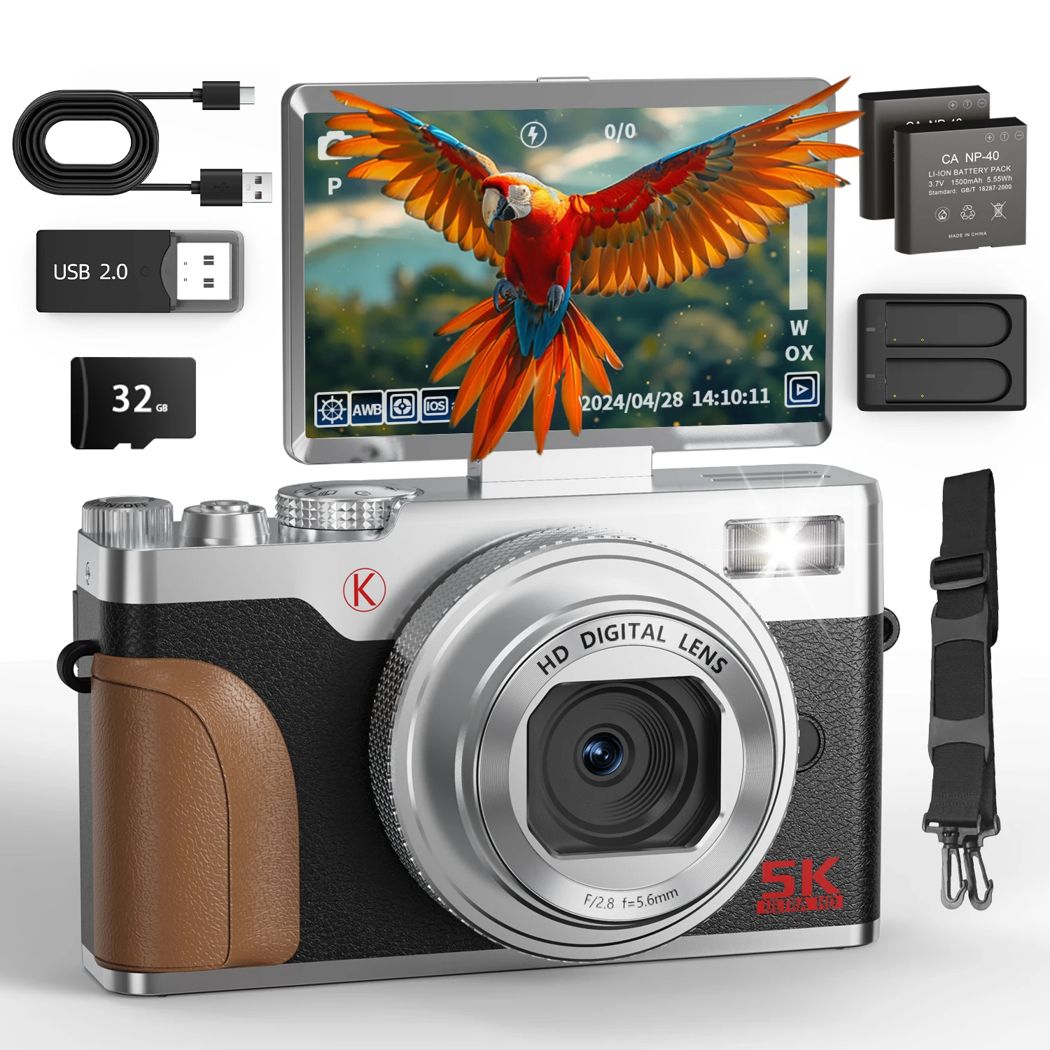 

NBD K100C Digital Camera Silver 64MP&5K Retro Vlogging with 18X Zoom Compact Flip Screen Camera Gift for Girls and Boys Fast Shipping