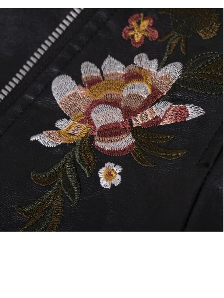 QNPQYX Women Patchwork Leather Jackets Flower Embroidery Rivets Short Section Pu Leather Small Jackets Casual Motorcycle Coats