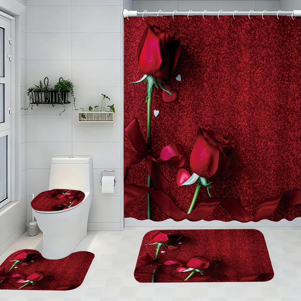 

Red Rose Bathroom Four-piece Set - Avant-garde Waterproof Shower Curtain, creating a complete bathroom kit