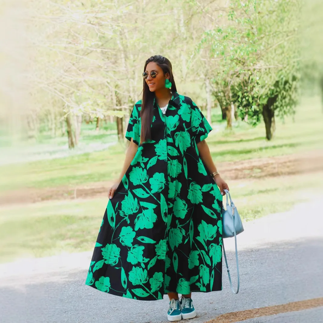 Women's Fashion Holiday Casual Turtleneck Robe Long Floral Printed Loose Dress Ladies Turndown Collar Button Long Casual Dress
