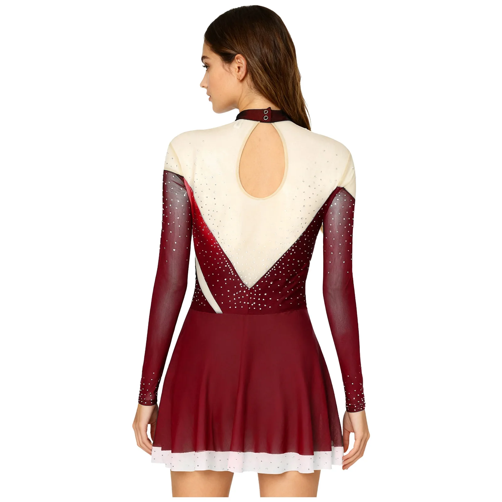 Costumes de danse lyrique pour femmes adultes, gymnastique, patinage artistique, Ballet, strass brillants, maille transparente, manches longues, robe à volants