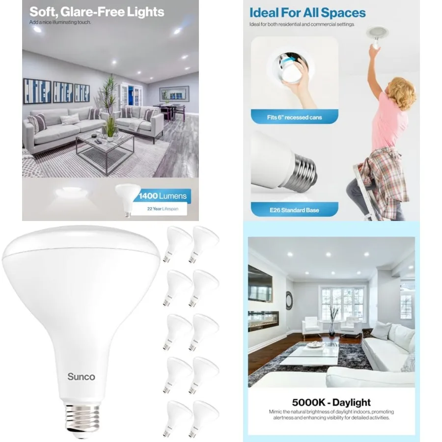 Sunco 10 Pack BR40 LED Light Bulbs, Indoor Flood Lights, Recessed Can Light Bulb, 1400 LM, 17W 100W Equivalent,5000K Daylight,