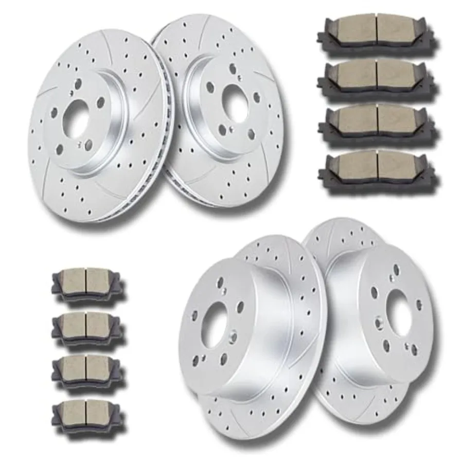 

Front 11.65 and Rear (11.06) Drilled and Slotted Brake Rotors Ceramic Brake Pads Brake Kit Replacement for 20082012 Toyota Aval