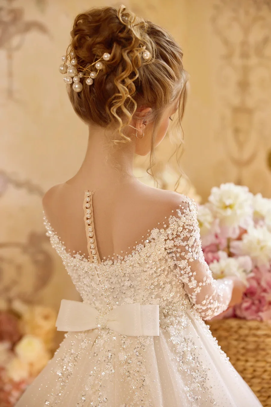 Pearls White Flower Girl's Dresses for Wedding Bow Appliqued Long Sleeve First Communion Dress Baby Girl Birthday Party Gowns image 6