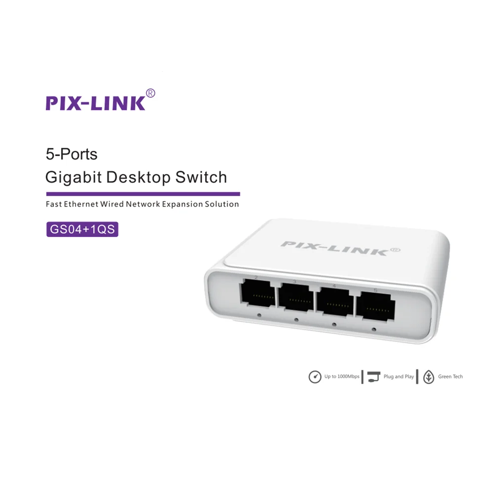 

PIX-LINK 5-Ports Gigabit Desktop Switch Fast Ethernet Wired Network Expansion Solution GS04+1QS