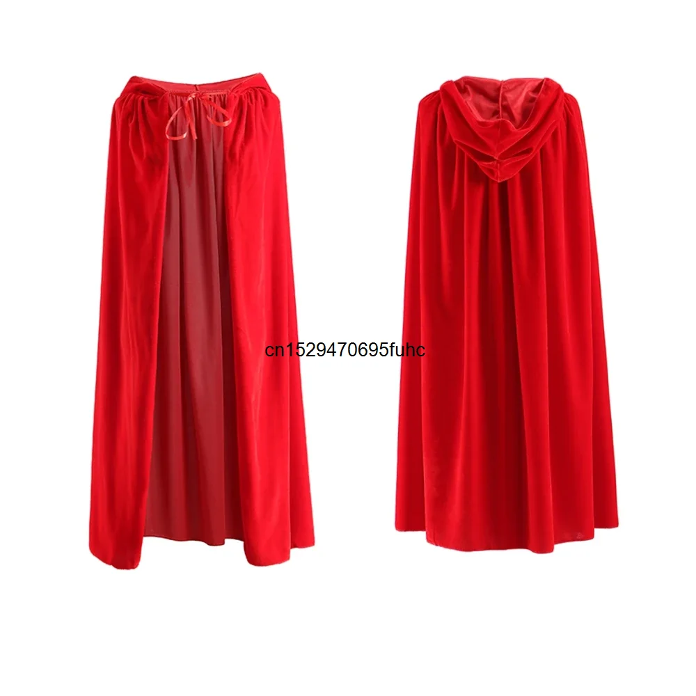 Medieval Velvet Cloak Halloween Witch Wicca Vampire Cosplay Costume Red Cape for Adult Kids Hooded Robe Carnival Outfit Cover