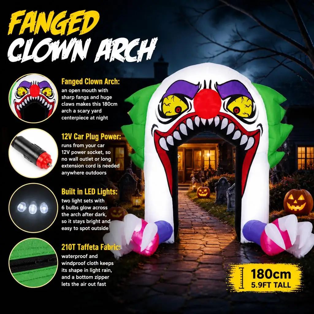 Halloween Inflatable Clown Arch with LED Lights, 180cm 6ft Blow Up Scary Clown Outdoor Decorations for Yard, 12V Car Plug Powered, Fanged Mouth and Claws, 210T Polyester Taffeta, for Lawn, Driveway, Porch, Garden, Trunk or Treat