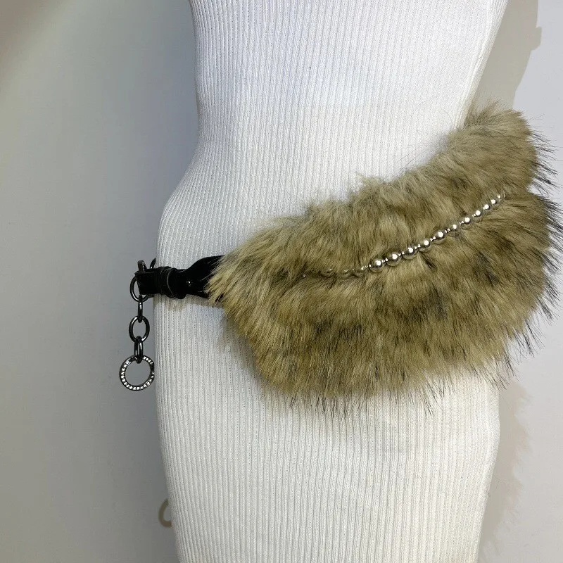 2025 American Street Style Motorcycle Furry Patchwork Chain Versatile Belt Hot Girl Low Waist Accessory