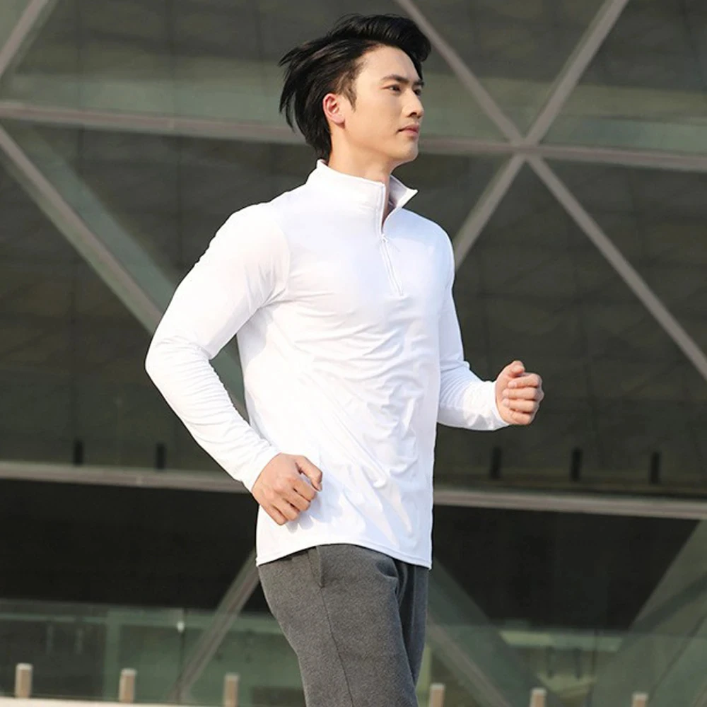 

Dry Fit t Shirt Long Sleeve Zipper Collar New Men Running Compression Sportswear High Neck Coach Gym Fitness Rashguard Cloth