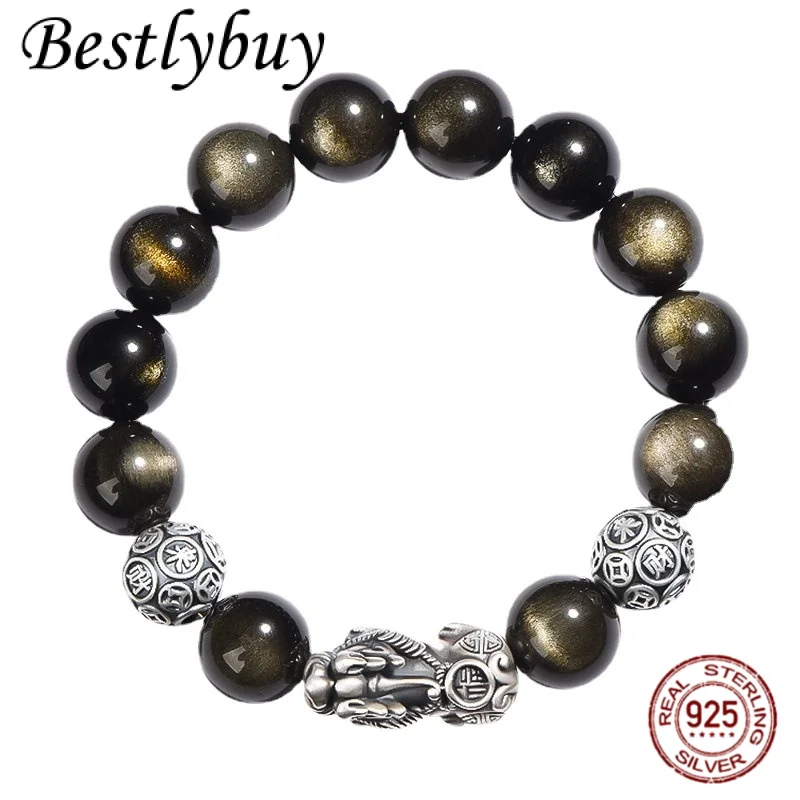 

new S999 Silver Lucky Pixiu Jewelry Retro Natural Gold Obsidian Bracelet Men's Fashion Birthday Gift