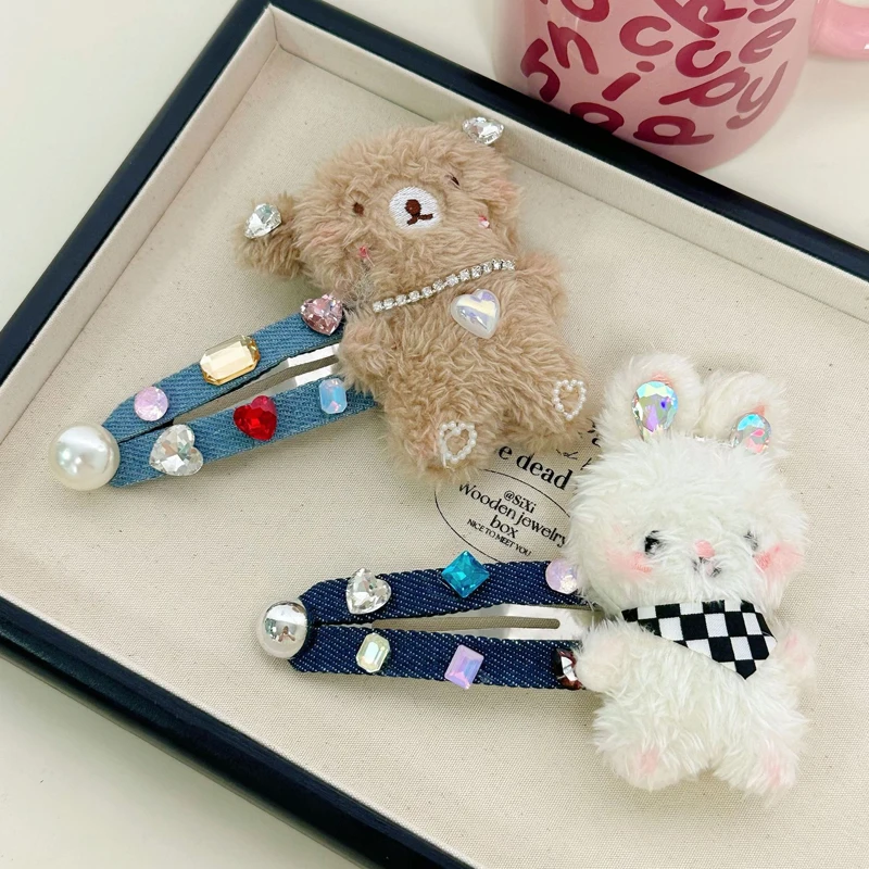 

1 шт., милая плюшевая заколка для волос в виде медведя-зайчика с разноцветными бриллиантами, большая заколка для волос для девочек, аксессуар для волос