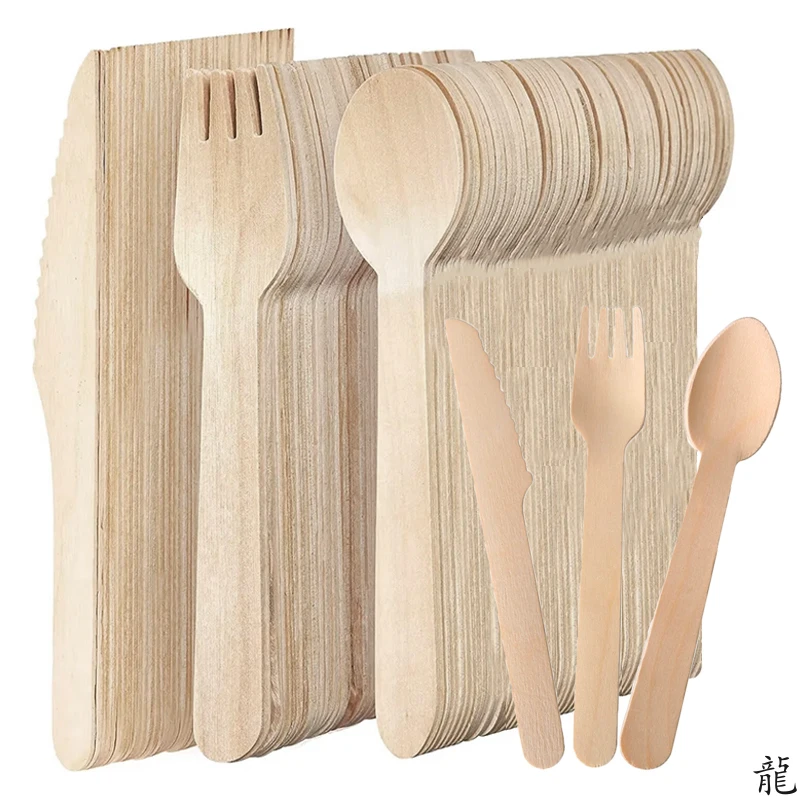 50PCS Disposable Wooden Forks Spoons Knives Wooden Tableware Suitable for Parties Camping Banquets Weddings Picnics