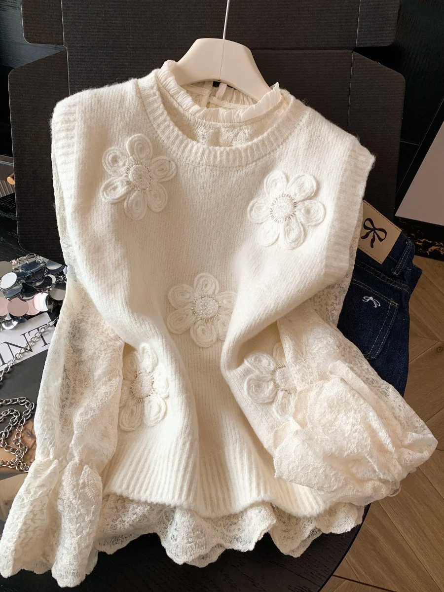 

Chic Lace Sweater Vest And Floral Embroidery Knitted Two-Piece Set High Waist Korean Sle Commute Long Sve round Ne Sil...