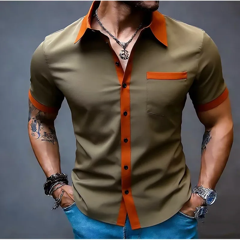 Patchwork Color Shirts for Man Summer Short Sleeve Streetwear Vintage Mens Pocket Designer Camisas Social Western Work Shirts