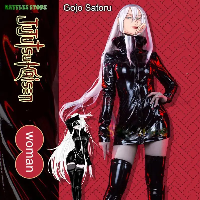 Jujutsu Gojo kostum Cosplay kassen Wig Satoru Genderswap setelan hitam acara komik Anime Halloween baju mewah untuk wanita