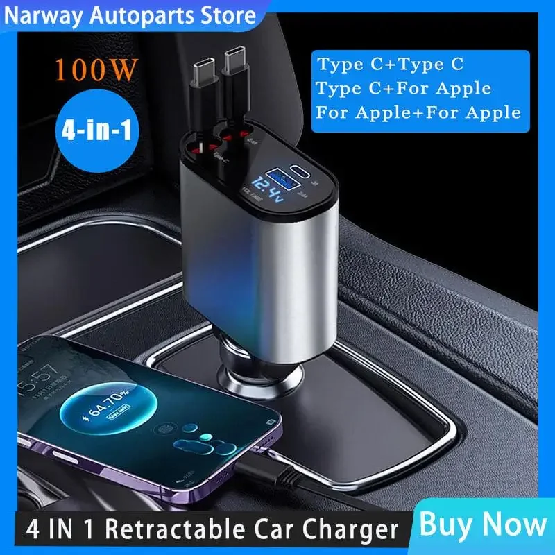 

100W 4-in-1 Car Charger - Retractable USB-C Fast Charging for iPhone Android w/12V Car Adapter & PD 3.0