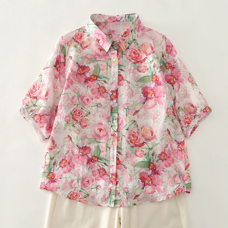 가벼운 플로럴 프린트 루즈핏 반팔 셔츠 여성용 턴다운 칼라 오픈 가디건 탑 패셔너블 캐주얼 블라우스