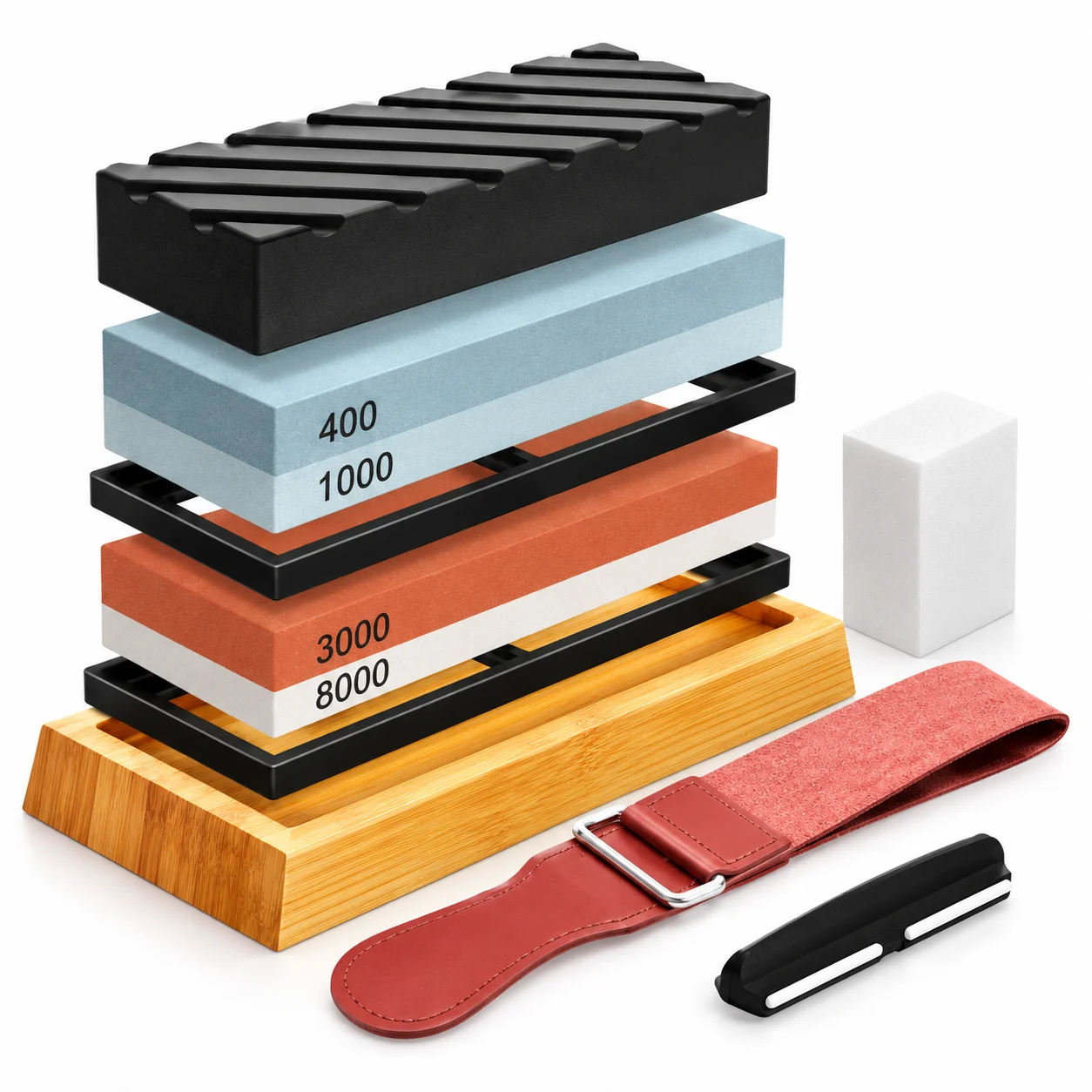 Knife Sharpening Stone Set 400/1000 3000/8000 Grit, 4-Grit Whetstone Kit with Bamboo Base, Flattening Stone & Strop