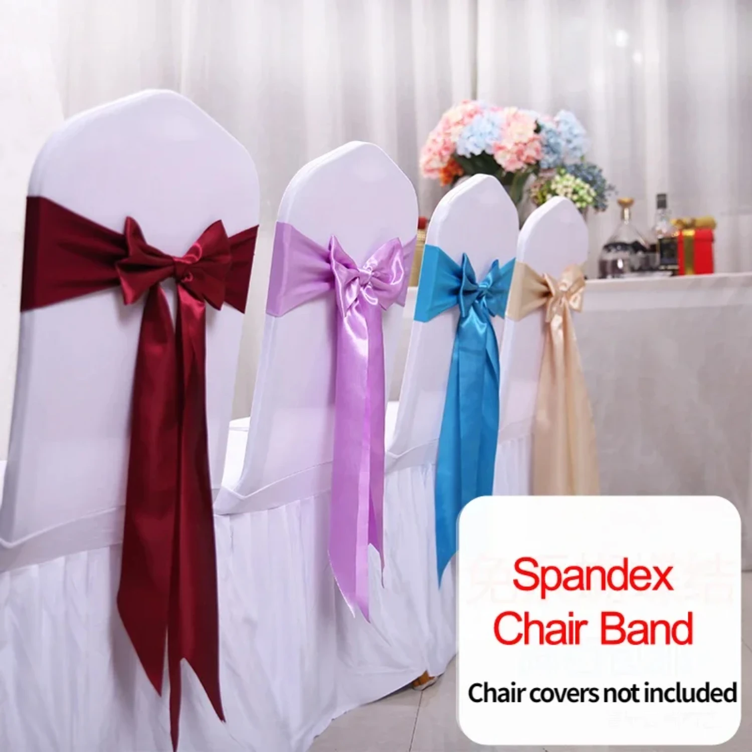 

25pcs Satin Spandex Chair Cover Band Ribbons Chair Tie Backs Party Banquet Decor Wedding Decoration Knot Chair Sashes Condom