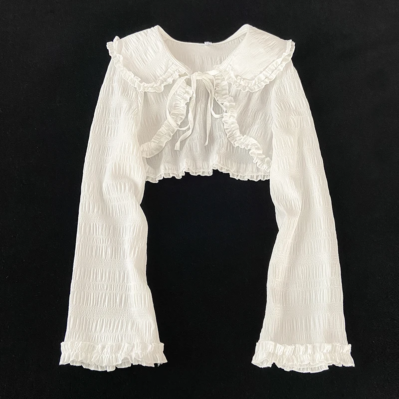 

Sweet Doll Collar Women's Summer New Sle ort Thin Breathable Sun Protection irt Ear Lobe Tie Design Outerwear Coat