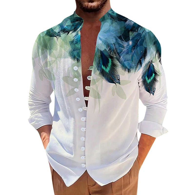 Men Hawaiian Shirts Summer Fashion Loose Long Sleeve Shirt Male Single Breasted Standing Collar Camisa Oversized Ropa Para Homme