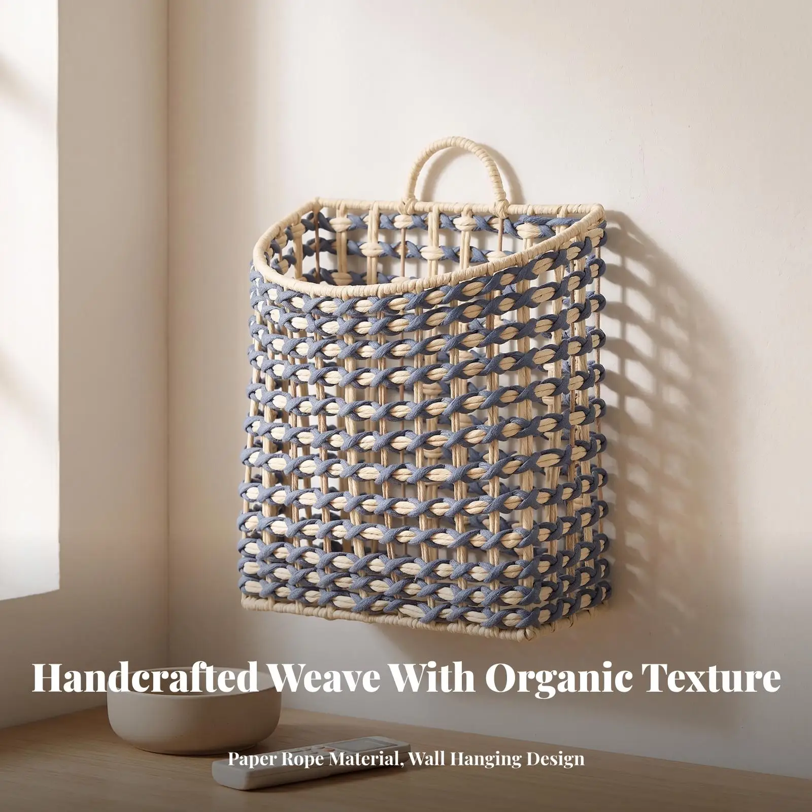 Handwoven Paper Rope Wall Storage Basket with Loop Handle for Organizing Books and Remote Controls in Entryway