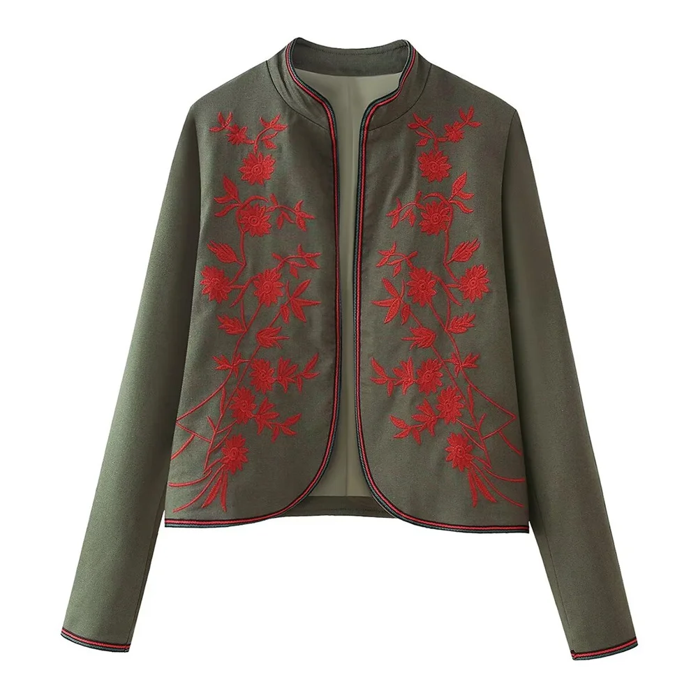 Zach Ailsa 2024 Spring New Product Women\'s Casual Retro Loose Standing Neck Long Sleeve Flower Embroidered Jacket Coat