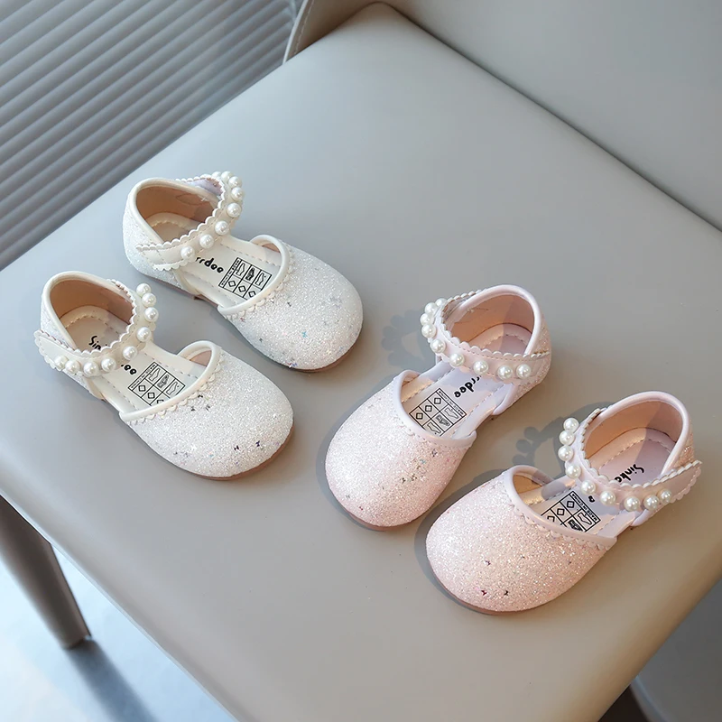 

Autumn Girl's Princess Shoes Pearl Round Toe Glitter Sweet Kid's Flat Shoe Solid Colors Anti-slip Cute Party Daily Children Shoe