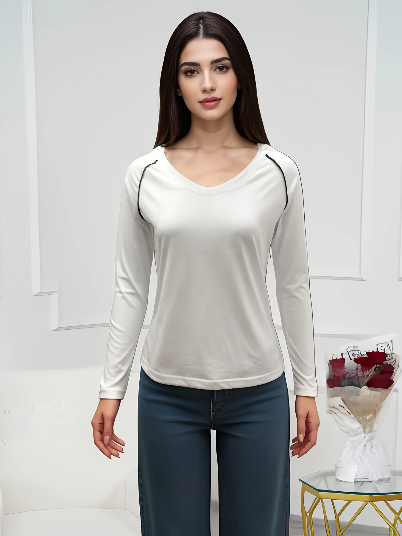 180GSM High Quality Smooth Cotton Fabric 2024 V Neck 100% Cotton T Shirt Women Autumn Long Sleeve Tops T-shirt Female Blouse