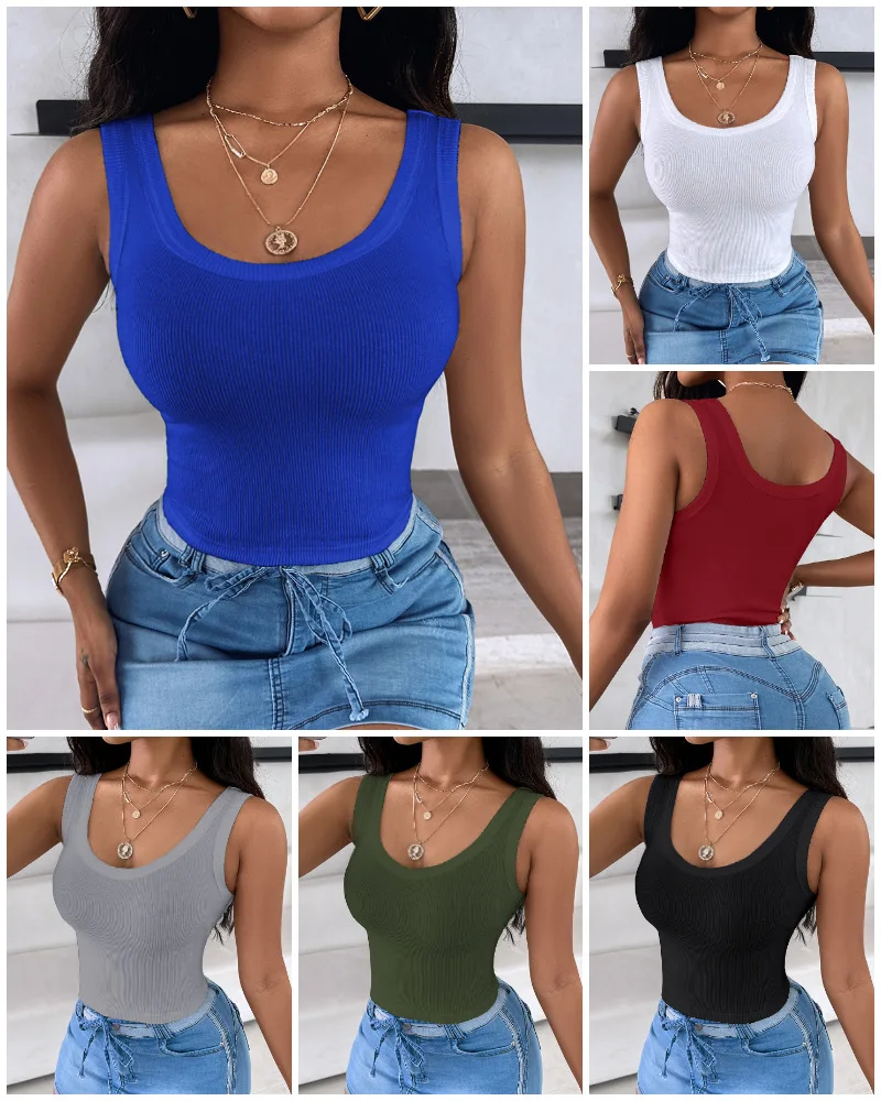 Fashion Tank Top Women Clothing Summer New 2024 Round Neck Ribbed with Bra Pads Casual Solid Color Sleeveless Tops for Female