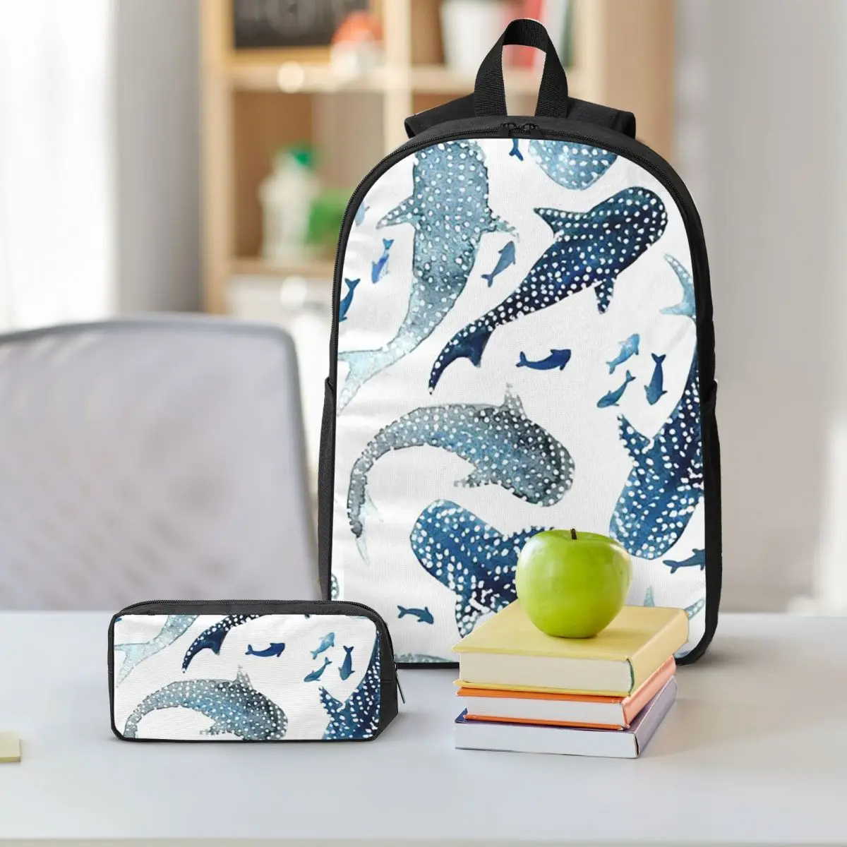 Blue Watercolor Shark Ocean Print Backpack Student BookBag School Bag Shoulder Bags 3ps Insulated Lunch Bag Pencil Case