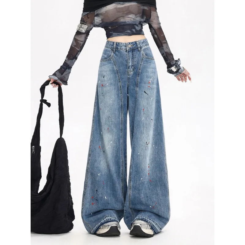 กางเกงยีนส์ขากว้างทรงตรงเอวสูงสไตล์ลำลองสำหรับผู้หญิง รุ่นใหม่ล่าสุด ล้างสีแบบพ่นสี  สำหรับฤดูใบไม้ผลิและฤดูใบไม้ร่วง