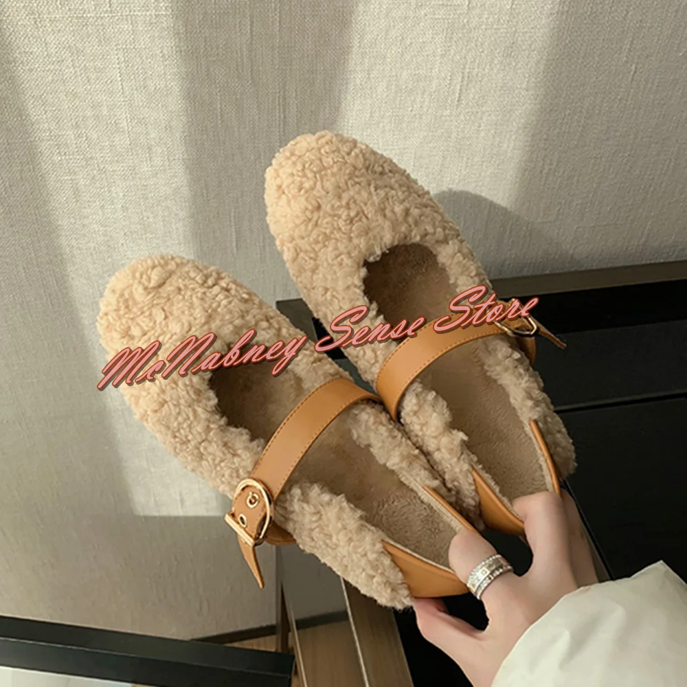 

Velvet Fur Flat With Pumps Autumn Winter Women Shoes Round Toe Solid Buckles Strap Warm Out Wear New Fashion Party Dress Shoe