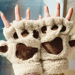 Guantes de medio dedo con pata de oso para mujer, guantes cortos de felpa, cómodos, gruesos, cálidos, Kawaii, Invierno