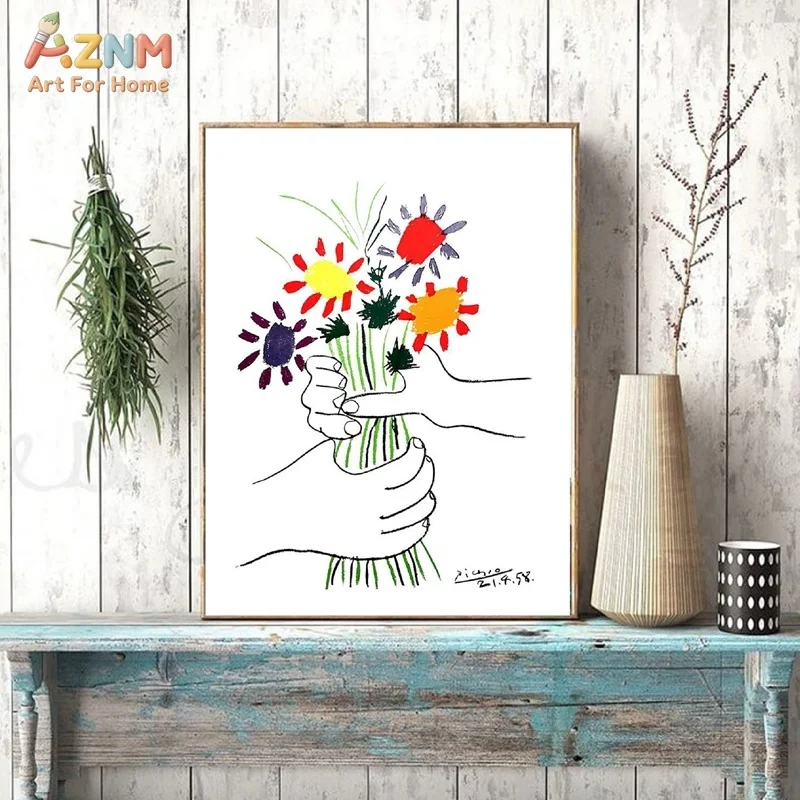 AZNM Picasso Hands Holding Colorful Flowers Canvas Print Abstract Line Art Vintage Floral Sketch Wall Poster Unframed Home Decor