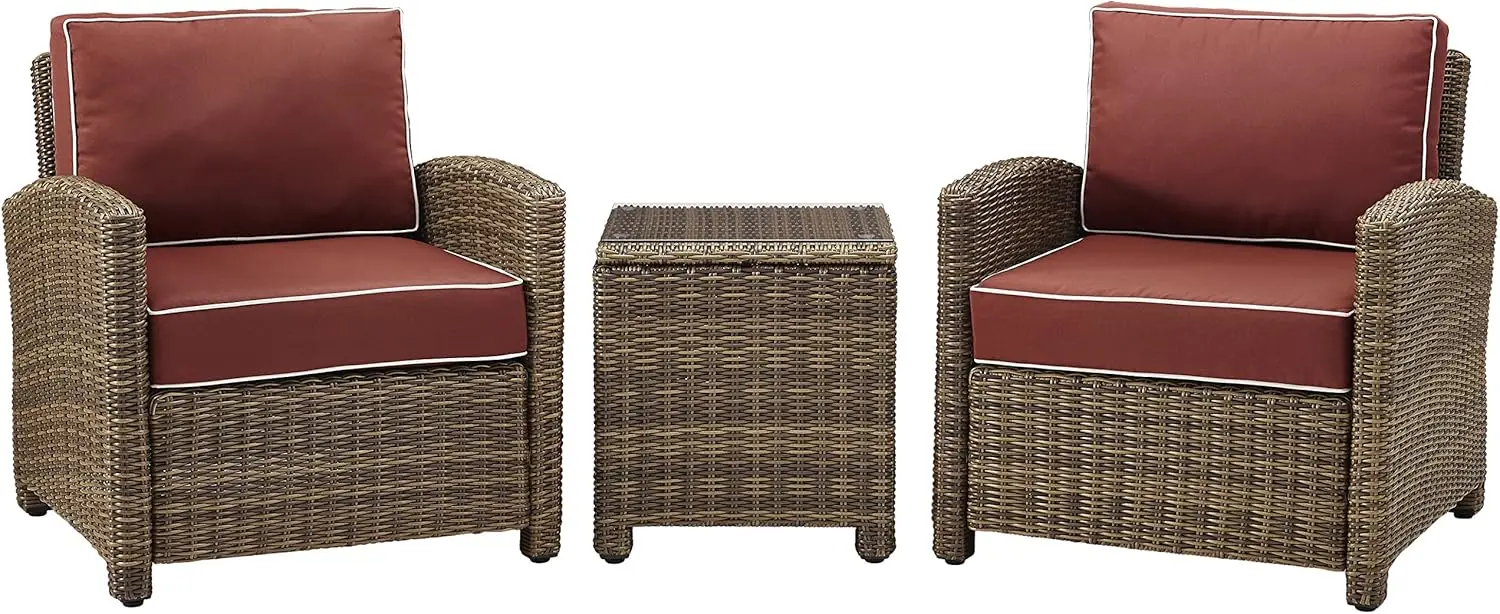 Bradenton Outdoor Wicker 3-Piece Seating Set (2 Arm Chairs, Side Table), Weathered with Sangria Cushions