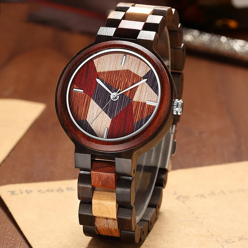 Natural Wood Watch Men Quartz Watches Luxury Colorful Mixed Wooden Block Type Wristwatch Clock Male Business Relogio Masculino