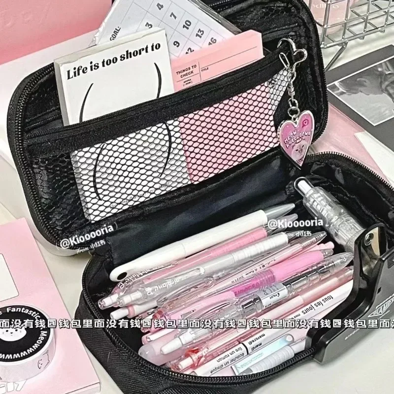 Estuche de lápices sencillo de moda coreana para estudiantes, bolsa para bolígrafos de Color negro, bolsa de almacenamiento de papelería de lona de gran capacidad, 1 unidad