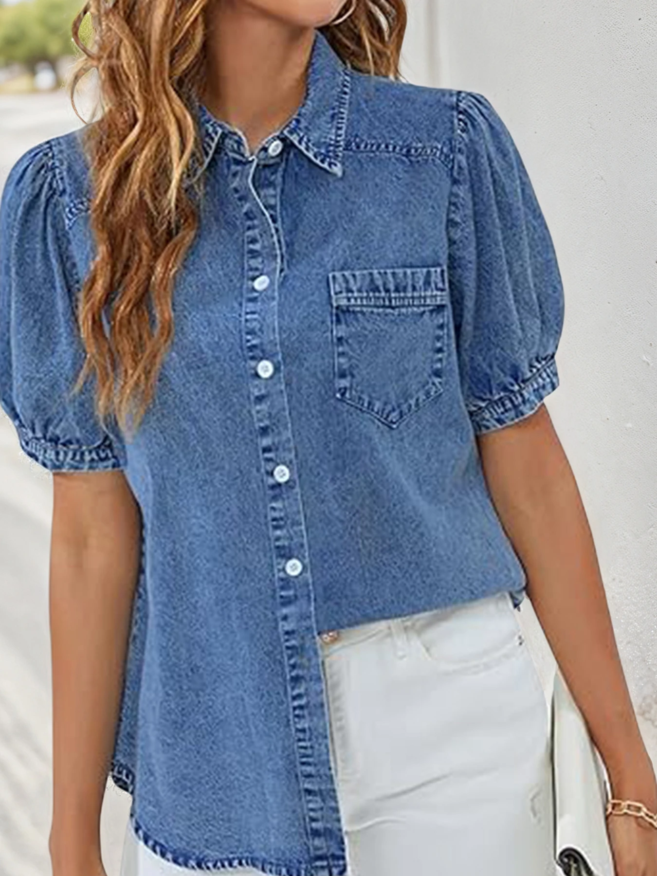 

Women's Business Casual Princess Sleeve Single Breasted Denim Shirt, Elegant and Comfortable Casual Denim Shirt, Suitable for Da